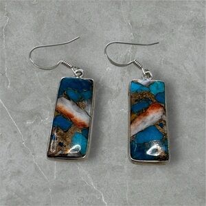 Platinum over 925 Silver Spiny Oyster & Turquoise Dangle Earrings